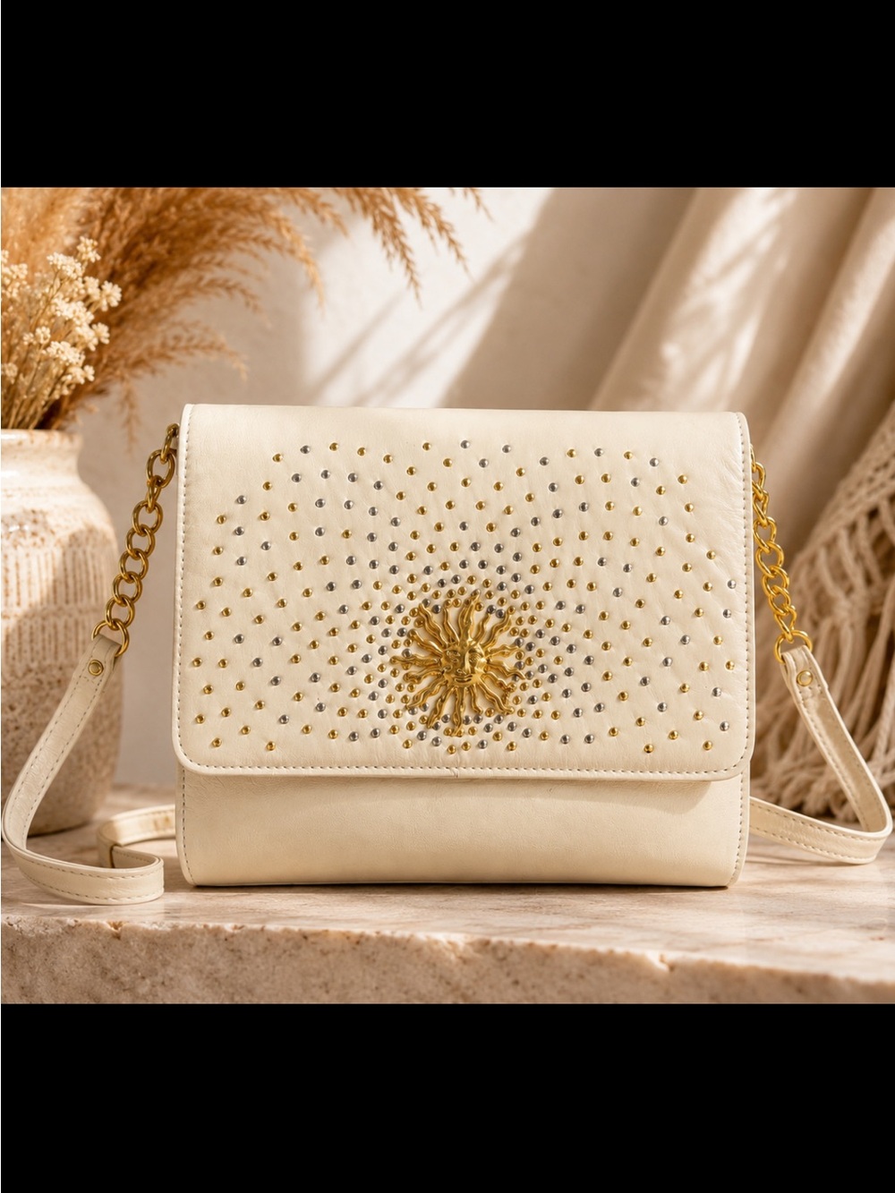 Vintage Manolucci Ivory Leather Sun Medallion Studded Shoulder Bag USA